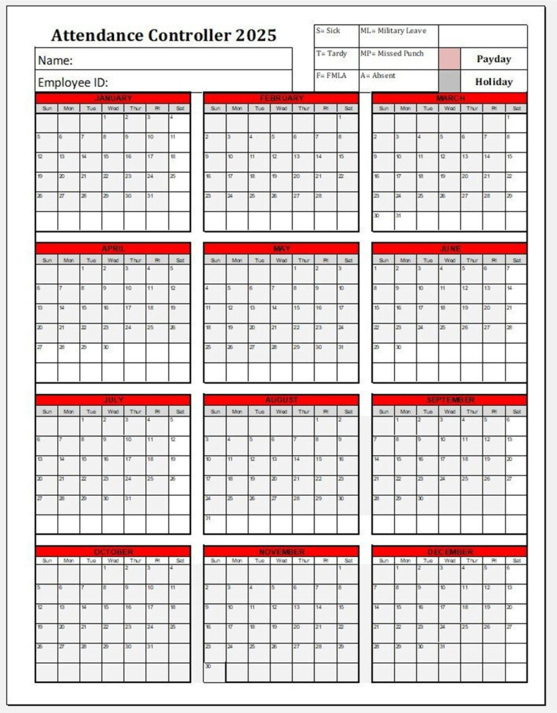 2025 Attendance Calendar Printable Holden Jettpark