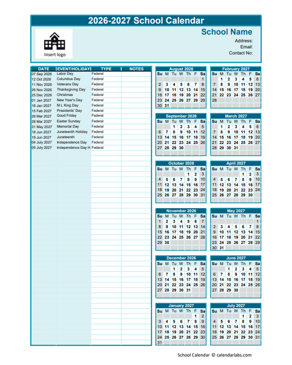 2026 2027 Aug Jul Yearly School Calendar Template Excel Free 