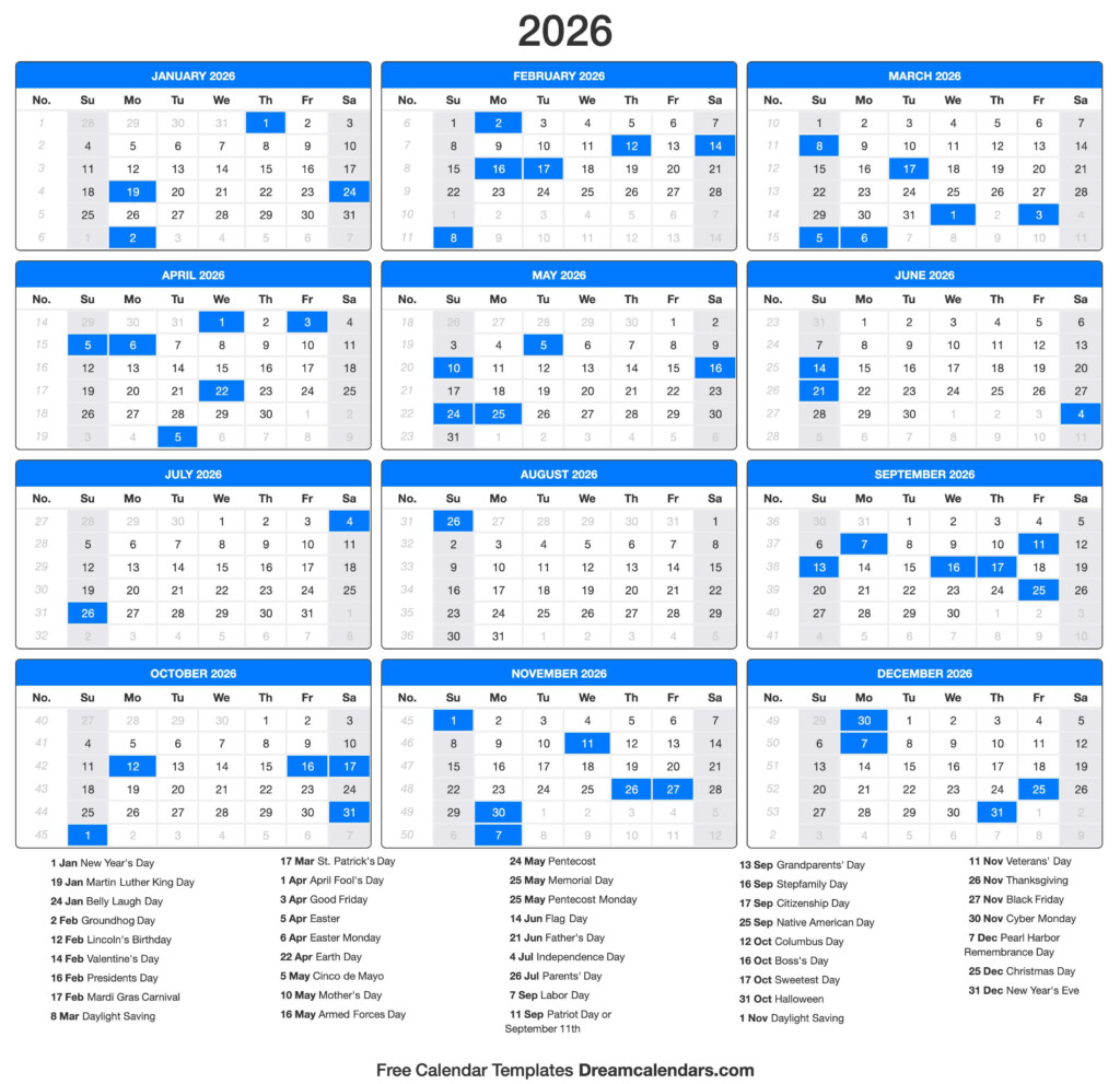 2026 Calendar With Holidays David Shirlow