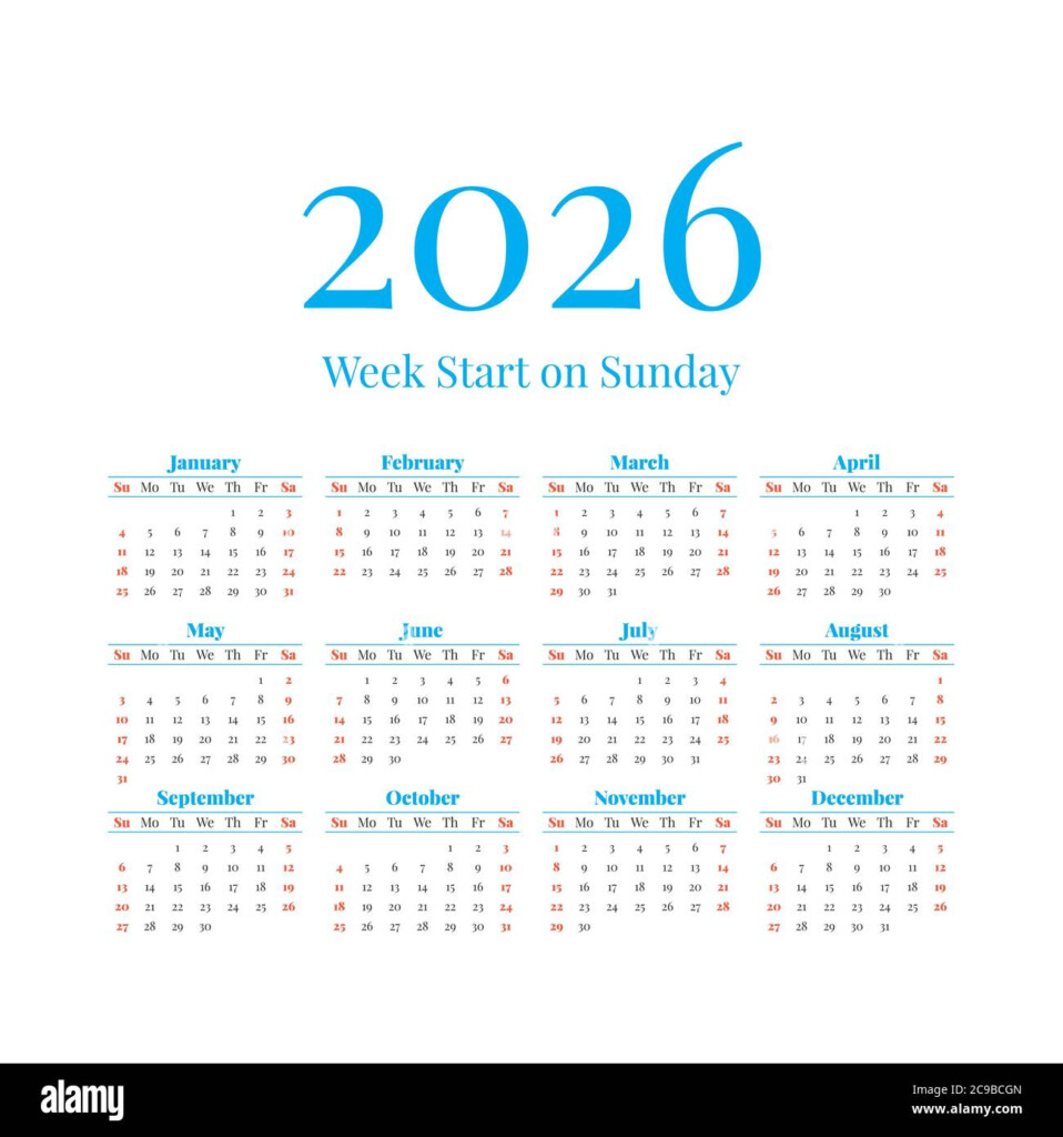 2026 Calendar With The Weeks Start On Sunday Stock Vector Image Art 