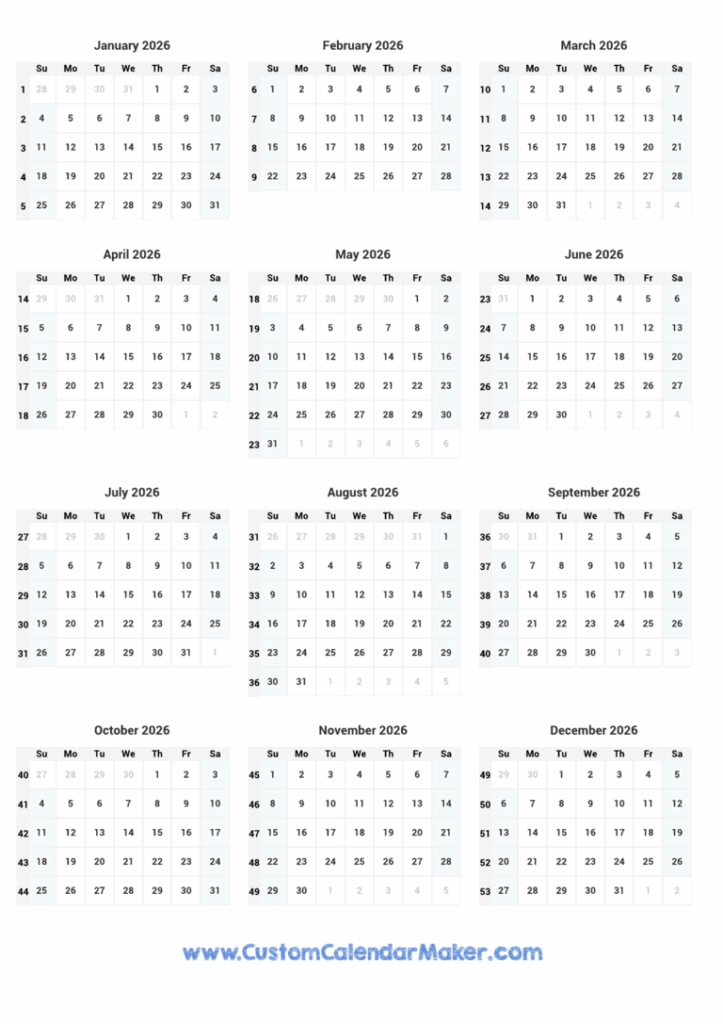 2026 Calendar With Week Numbers Custom Calendar Maker