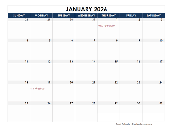 2026 Excel Calendar Spreadsheet Template Free Printable Templates
