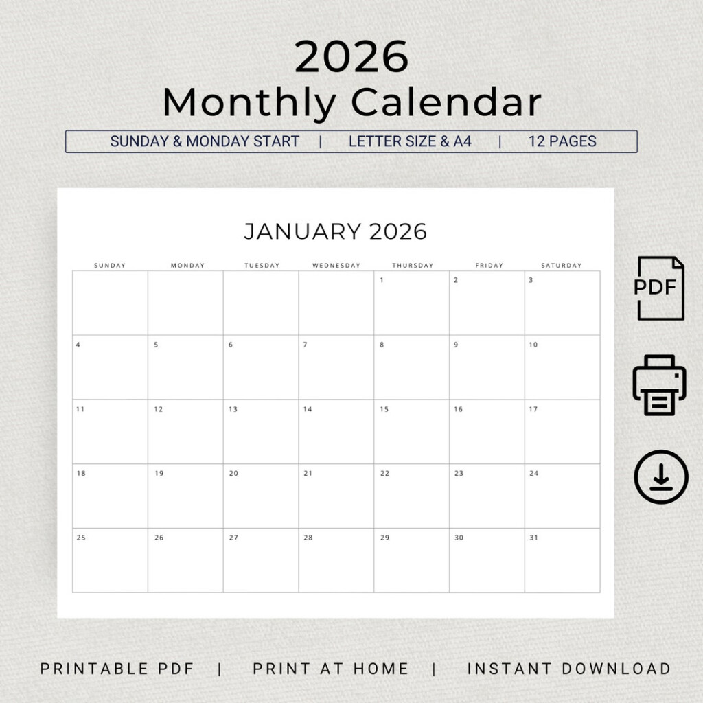 2026 Monthly Calendar PRINTABLE 2026 Monthly Planner Landscape 2026 