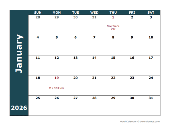 2026 Monthly Word Calendar Landscape Format Free Printable Templates
