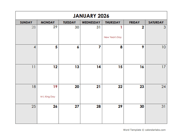 2026 Monthly Word Calendar Template With Holidays Free Printable 