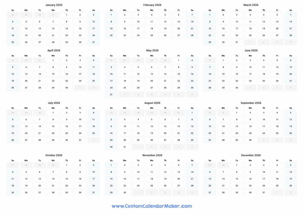 2026 One Page Calendar Landscape