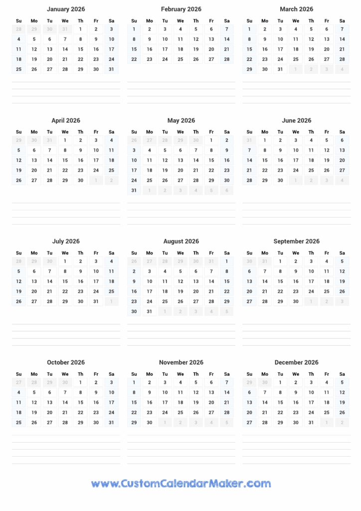 2026 Portrait Calendar 12 Month Vertical Calendar