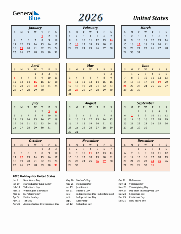 2026 Printable Calendar With United States Holidays