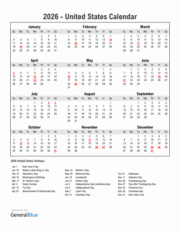 2026 Printable Calendar With United States Holidays
