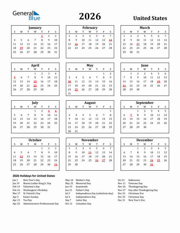 2026 Printable Calendar With United States Holidays