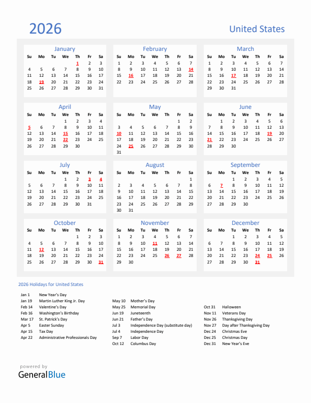 2026 United States Calendar With Holidays