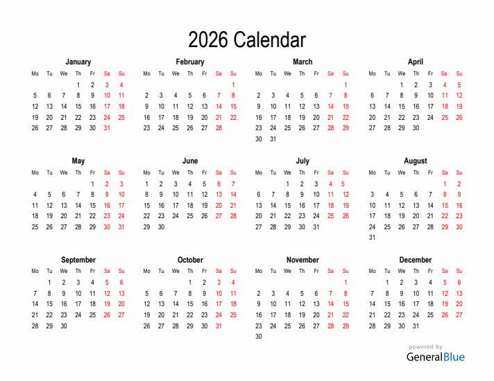 2026 Yearly Calendar Templates With Monday Start