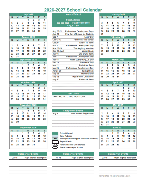 2026 Yearly School Calendar Template Editable Jul Jun Free Printable 