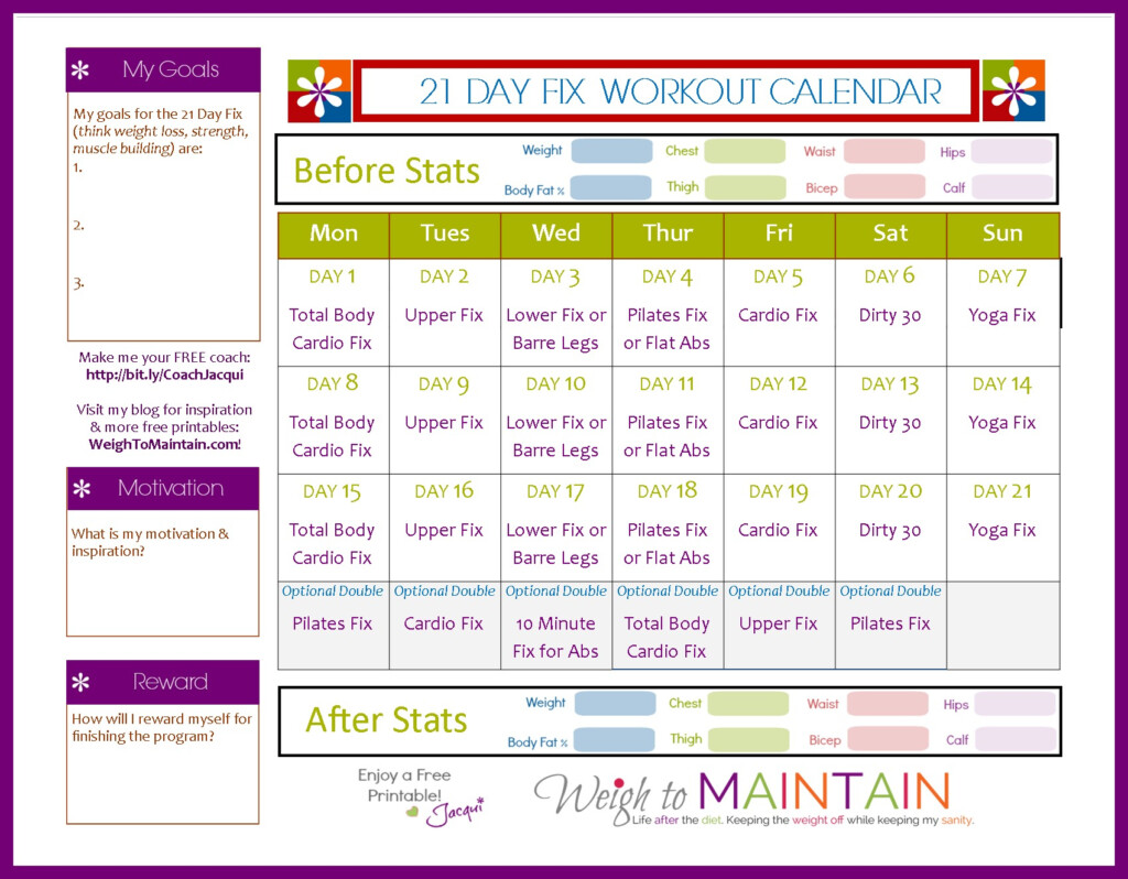 21 Day Fix Workout Calendar Printable