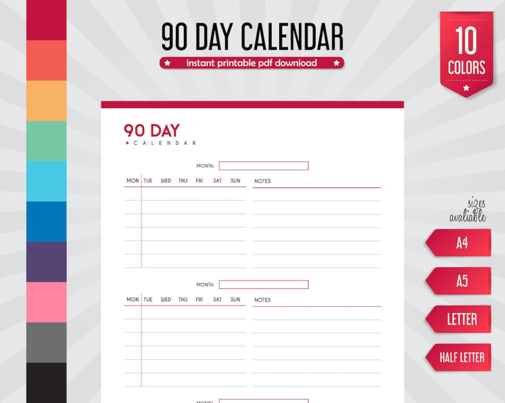 90 Day Calendar Printable Calendar 90 day Planner 90 day Schedule 