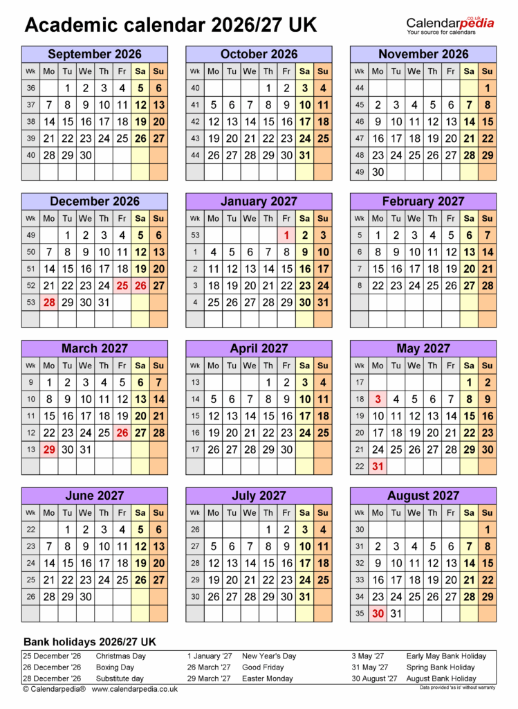 Academic Calendars 2026 27 UK Free Printable PDF Templates