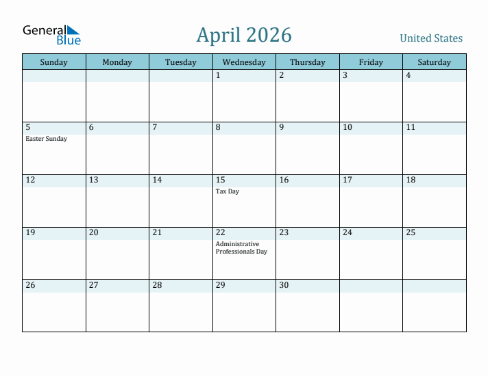 April 2026 United States Calendar With Holidays