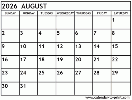 August 2026 Calendar Printable