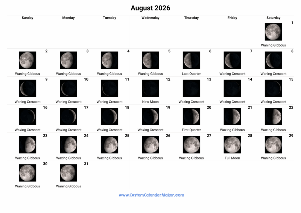 August 2026 Moon Phases Calendar Custom Calendar Maker