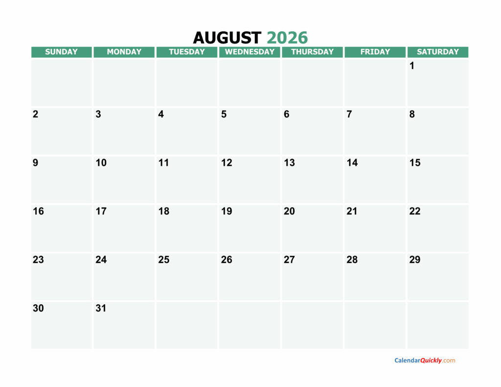 August 2026 Printable Calendar Calendar Quickly