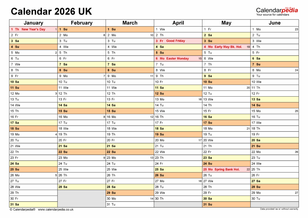 Calendar 2026 UK Free Printable PDF Templates