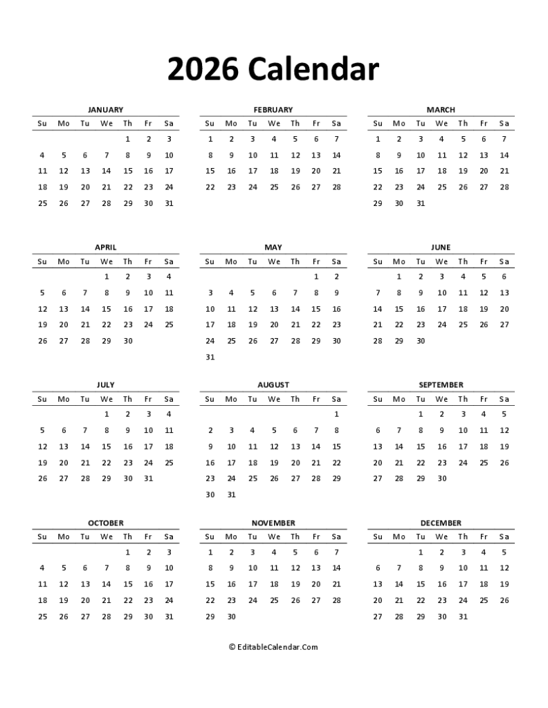 Download 2026 Free Printable Calendar Editable Word Version 