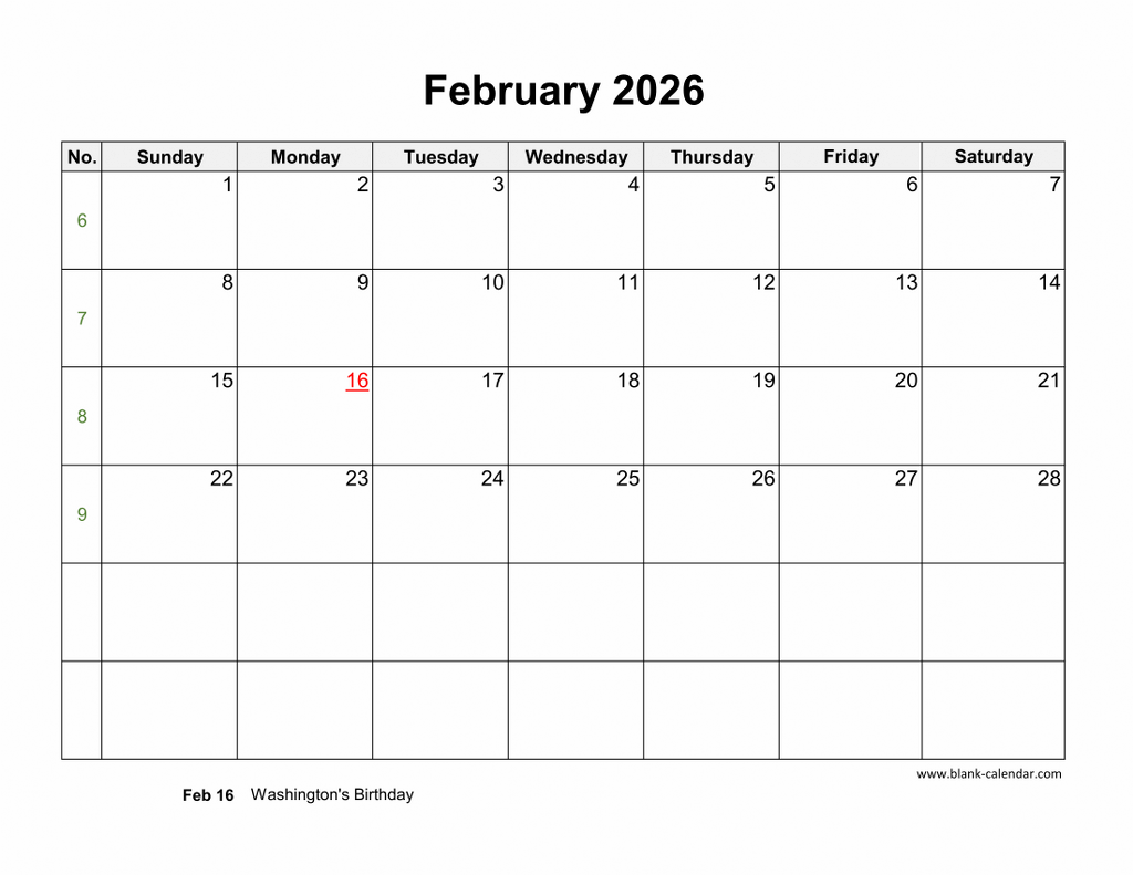 Download February 2026 Blank Calendar With US Holidays horizontal 