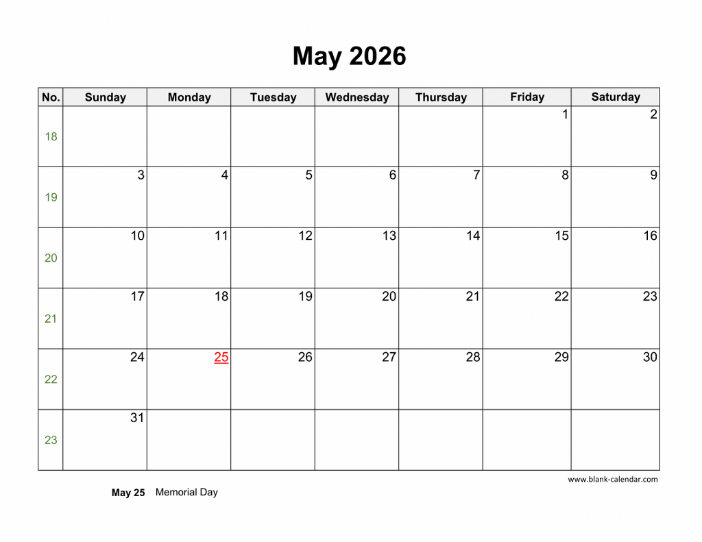 Download May 2026 Blank Calendar With US Holidays horizontal 