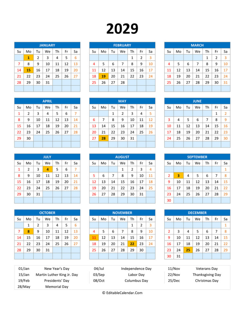 Editable 2029 Calendar With With Holidays