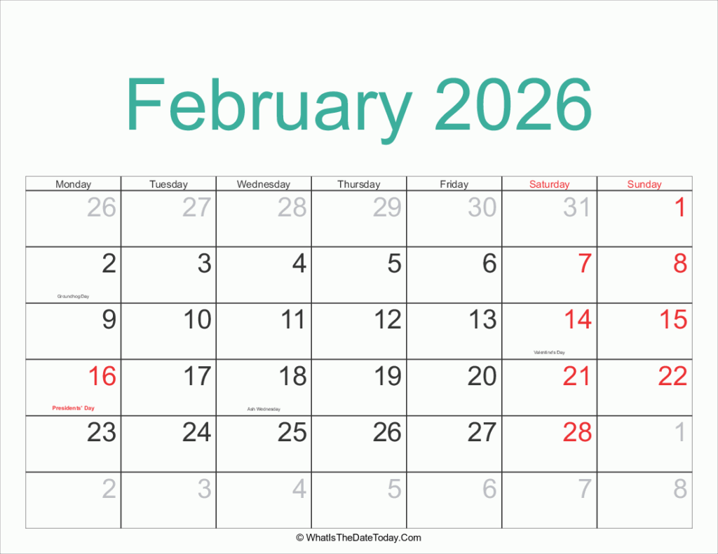 February 2026 Calendar Printable With Holidays Whatisthedatetoday Com