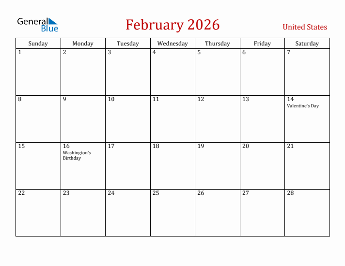 February 2026 Monthly Calendar With United States Holidays