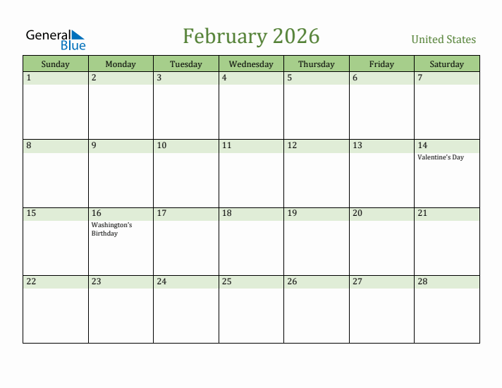 February 2026 Monthly Calendar With United States Holidays
