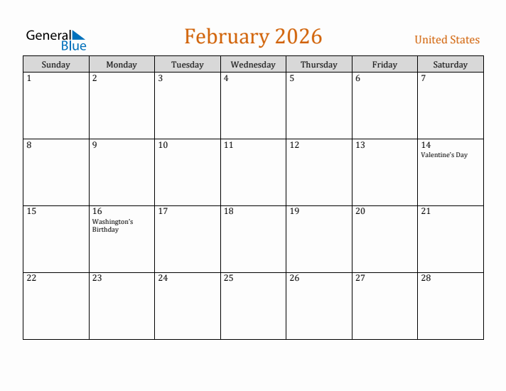 February 2026 Monthly Calendar With United States Holidays