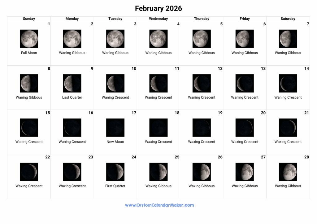 February 2026 Moon Phases Calendar Custom Calendar Maker