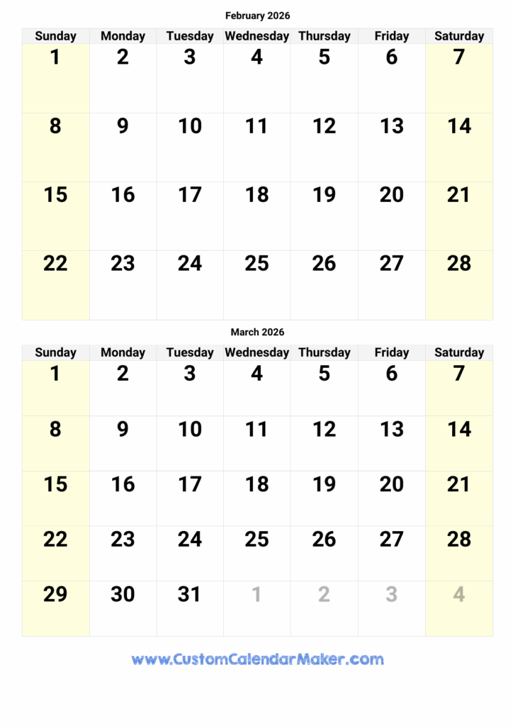 February And March 2026 Calendar Custom Calendar Maker