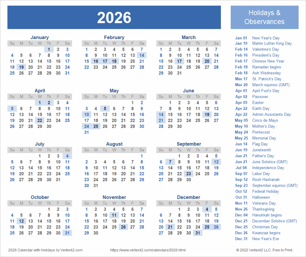 Fiscal Year 2026 Calendar Printable