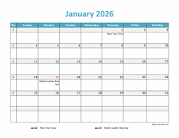Free Download 2026 Excel Calendar Large Boxes In The Grid horizontal 