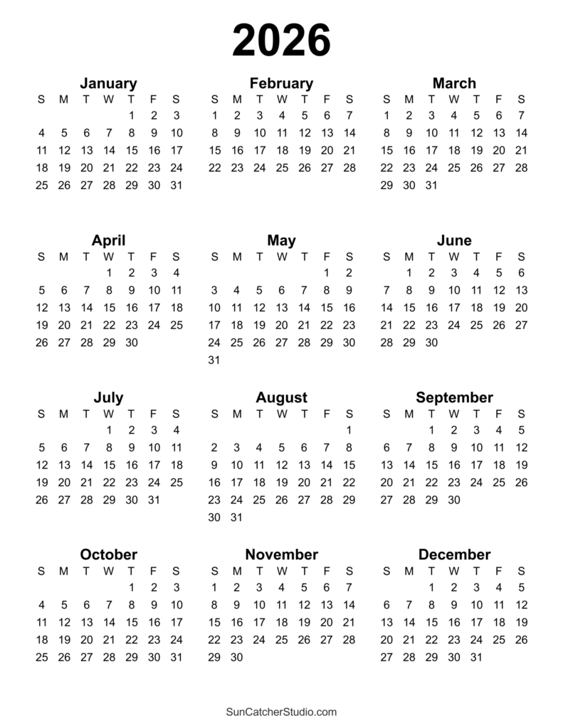 Free Printable 2026 Yearly Calendar DIY Projects Patterns Monograms 