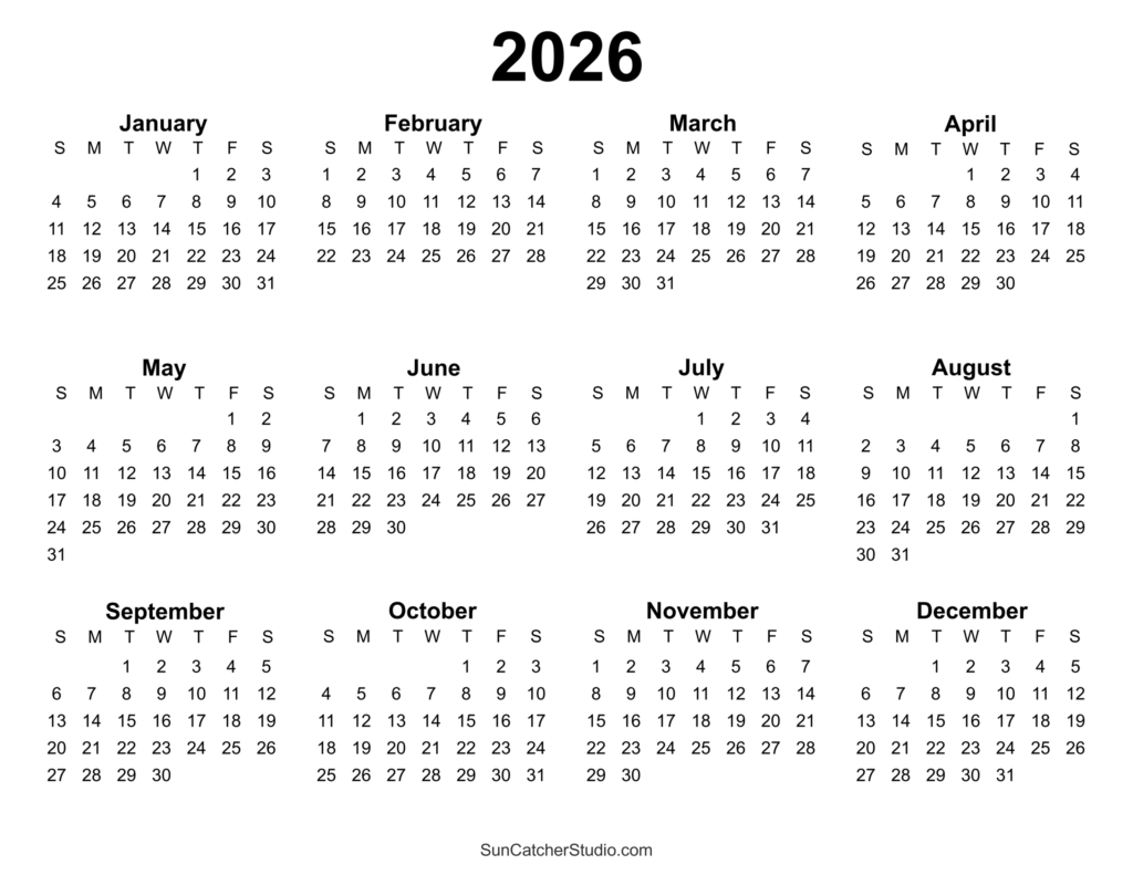 Free Printable 2026 Yearly Calendar Free Printables Monograms 