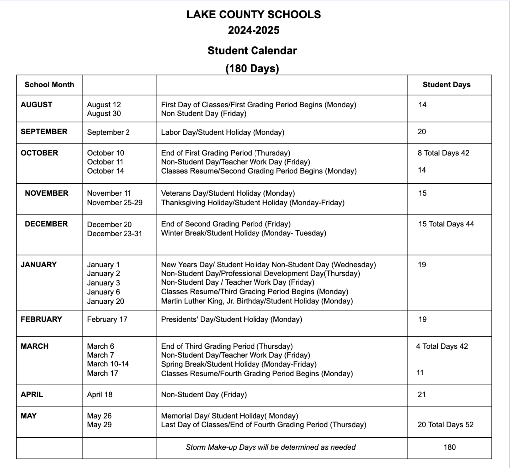 Lake County Schools Calendar 2025 2026 Holidays Academics