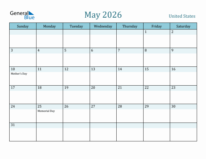 May 2026 Monthly Calendar With United States Holidays