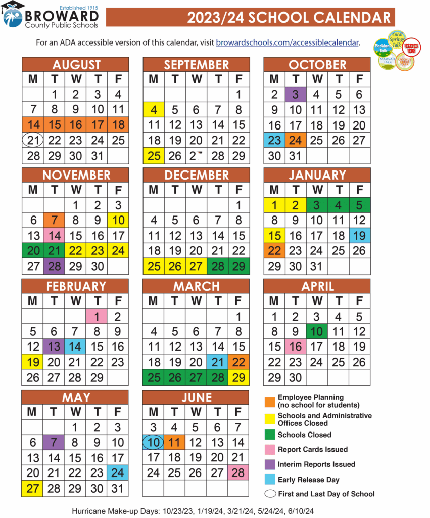 Official 2023 2024 Broward County Public Schools Color Calendar 