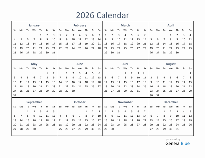 One Page Yearly Calendar 2026 PDF Excel Word 