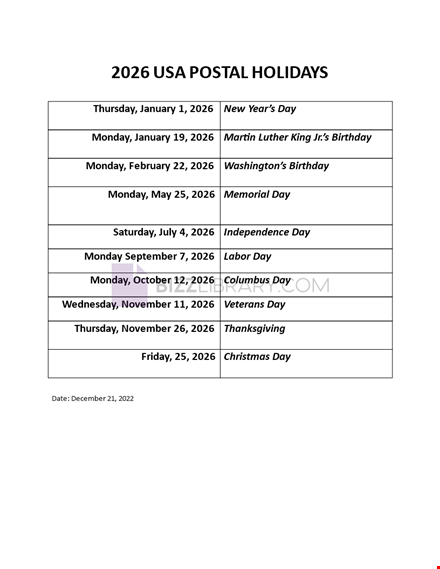 Post Office Holidays 2026 Calendar Free Printable Calendar