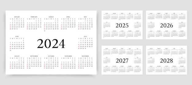 Premium Vector 2024 2025 2026 2027 2028 Calendars Yearly Template Of 