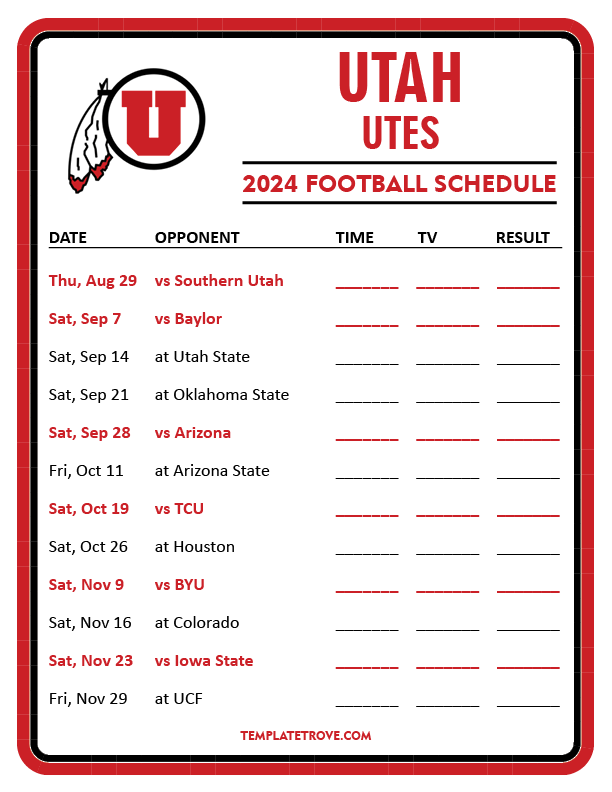 Printable 2024 Utah Utes Football Schedule