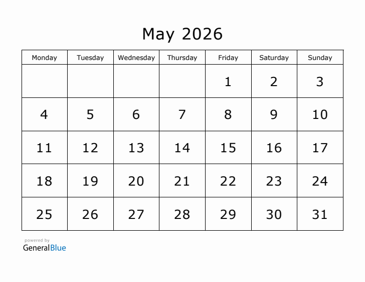 Printable May 2026 Calendar
