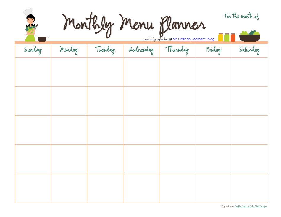 Printable Monthly Menu Calendar
