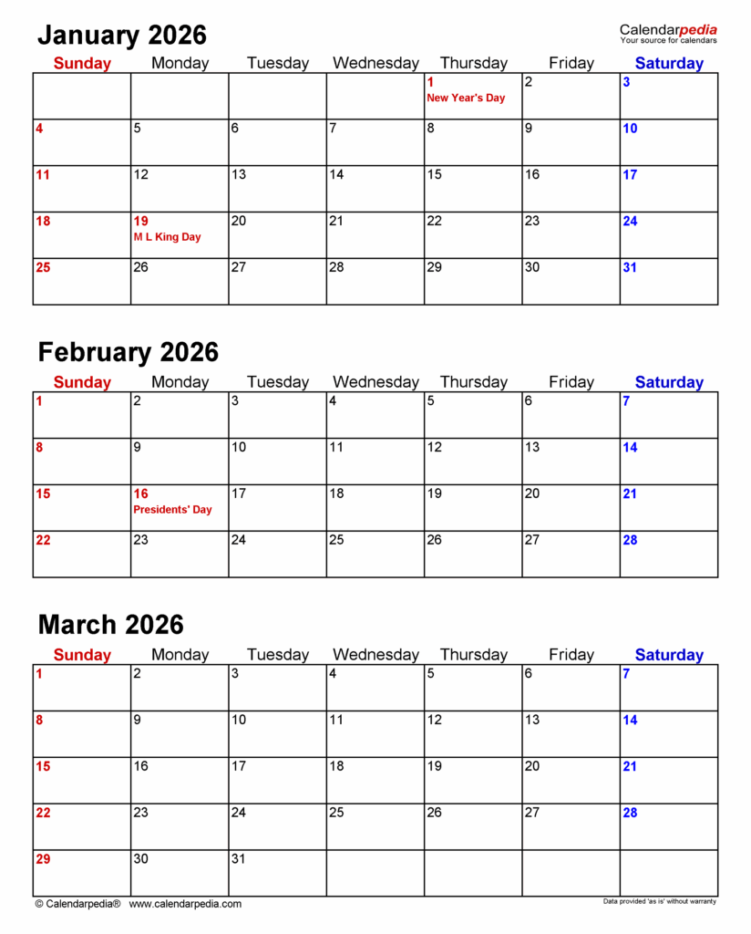 Quarterly Calendars 2026 Free Printable Word Templates