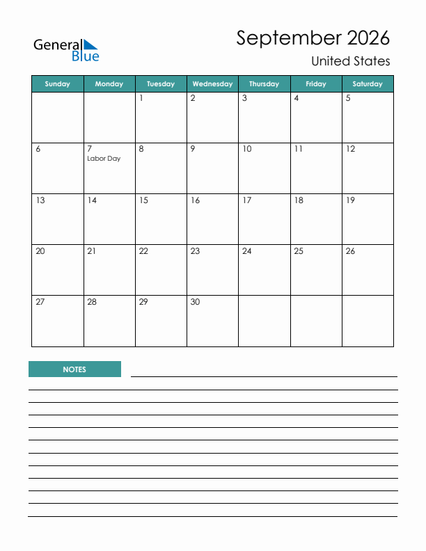 September 2026 Monthly Calendar With United States Holidays